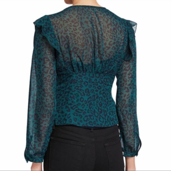 NWT Moon River Ruffle Split Tie Teal Leopard Blouse XS - Picture 7 of 8